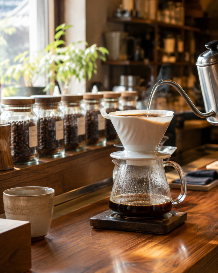 木のカウンターでハンドドリップしているコーヒー。奥に豆の瓶が並ぶ（見本用にAIで作ったイメージ）