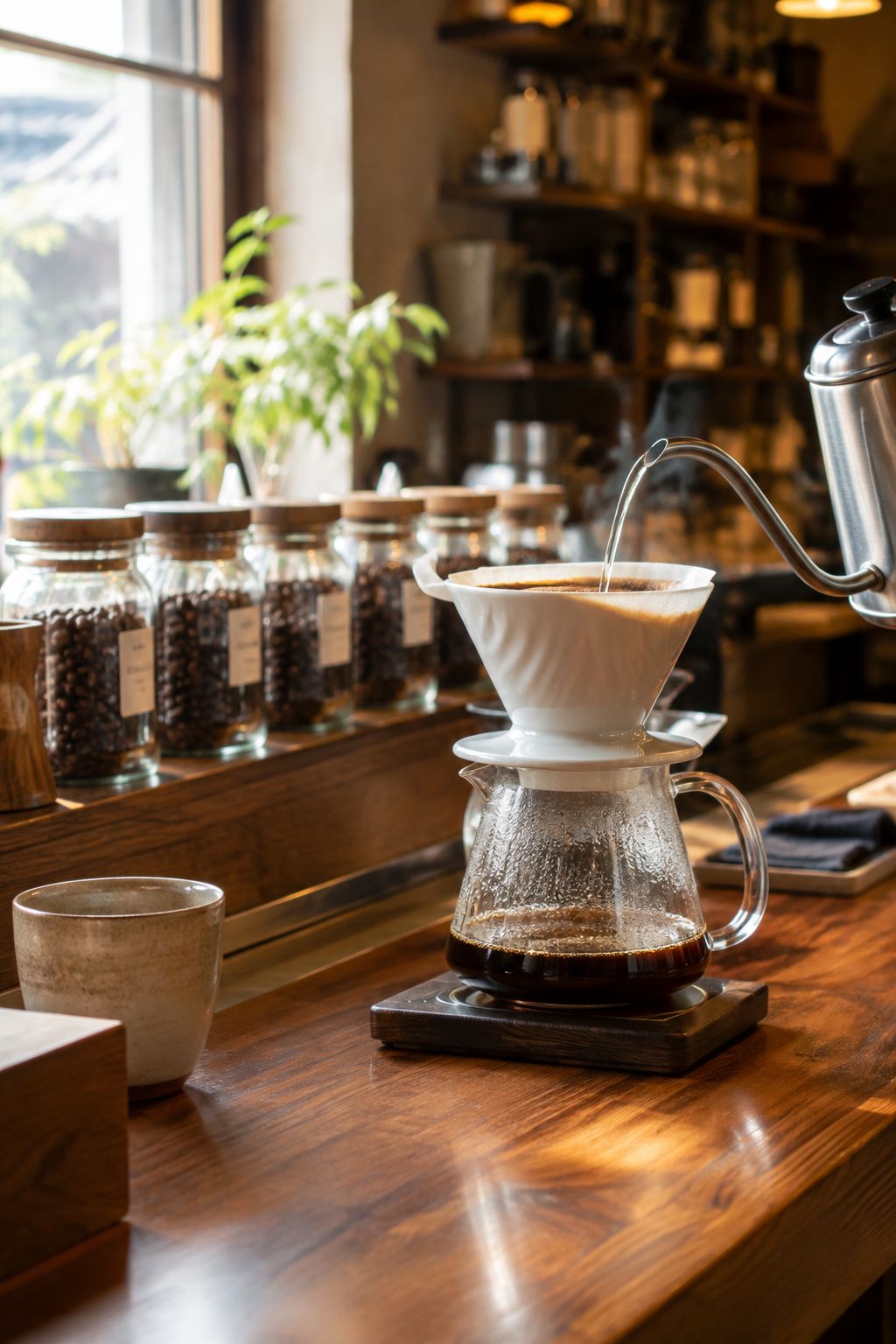 木のカウンターでハンドドリップしているコーヒー。奥に豆の瓶が並ぶ（AIで作ったイメージ）